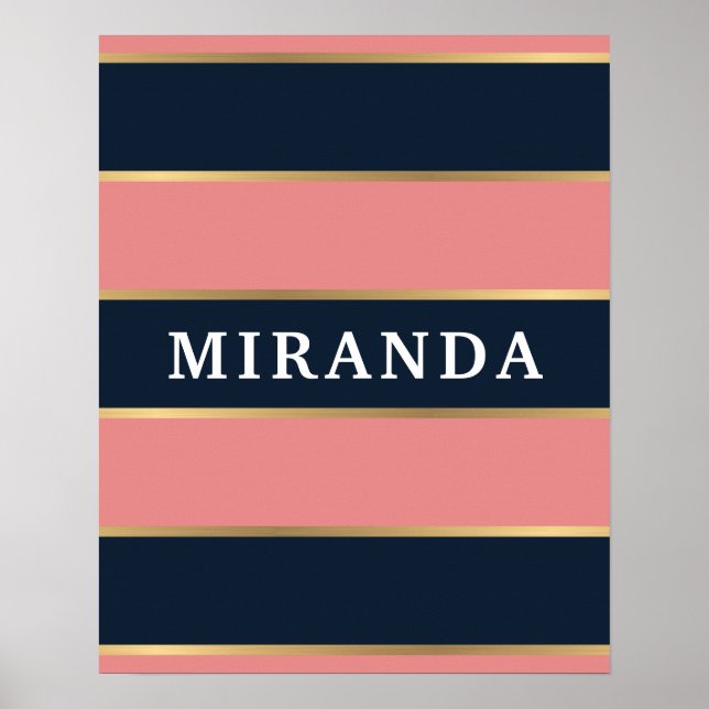 Bold Pink Blue Gold Stripe Pattern Poster (Front)