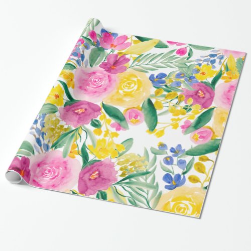 Bold pink blue yellow floral watercolor pattern wrapping paper