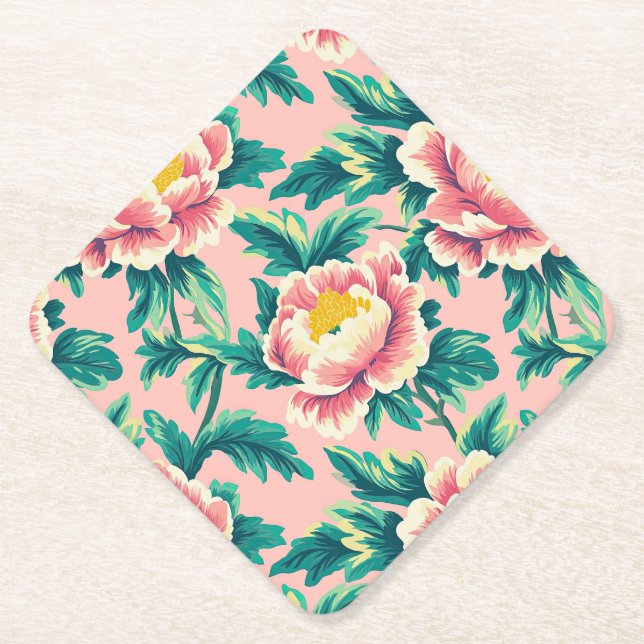 Bold Pink Chinoiserie Floral Paper Napkin Coaster (Front)