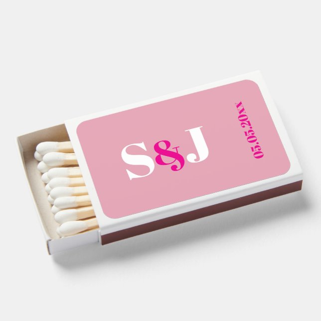 Bold Pink colorblock White Initial Wedding Matchboxes (Front Open)
