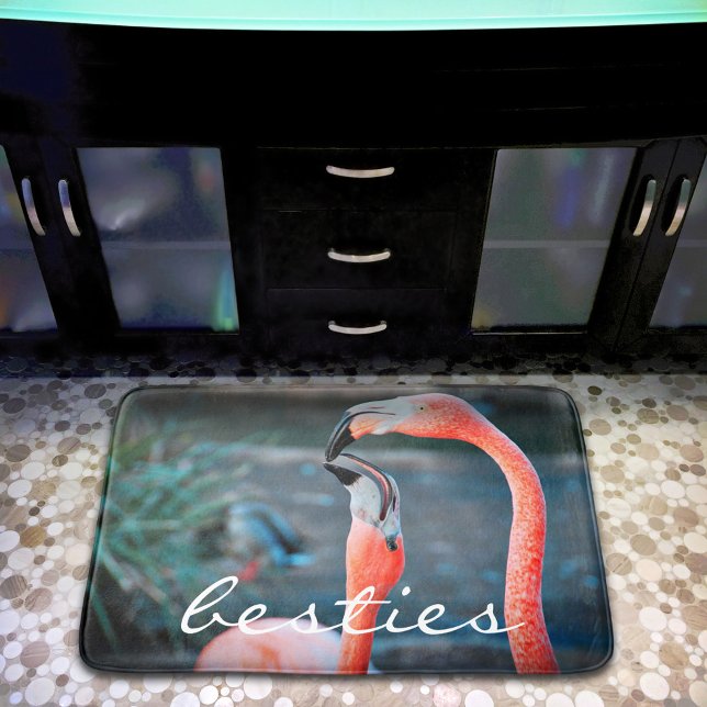 Bold Pink Flamingo Besties Friends Photo Cute Fun Bathroom Mat (Creator Uploaded)