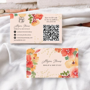 Bold pink floral gold makeup hair logo qr code business card