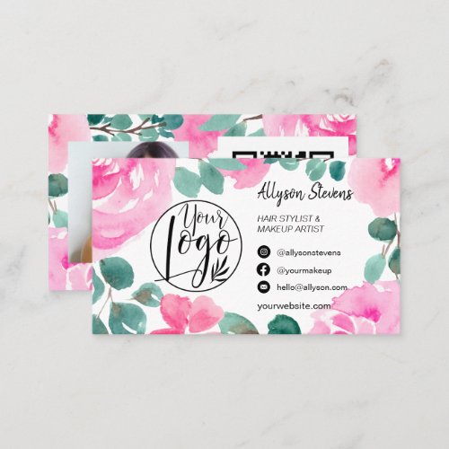 Bold pink floral hair makeup photo logo qr code business card