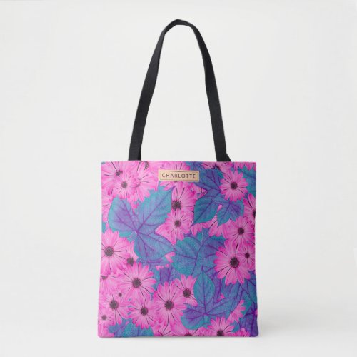 Bold pink floral pattern tote with initials