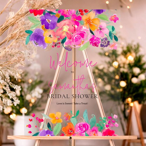 Bold pink floral watercolor bridal shower welcome acrylic sign
