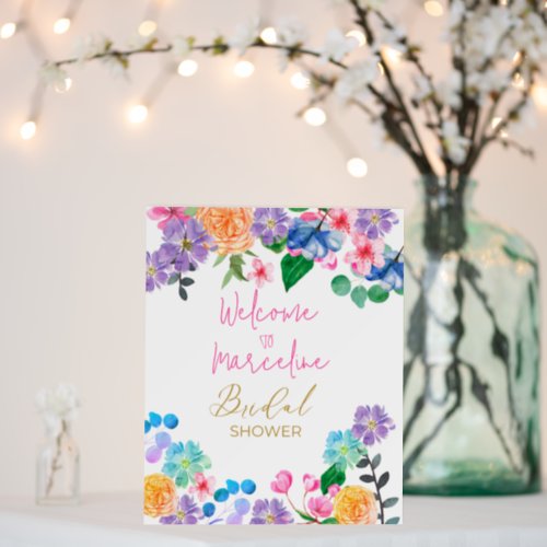 Bold pink floral watercolor bridal shower welcome foam board