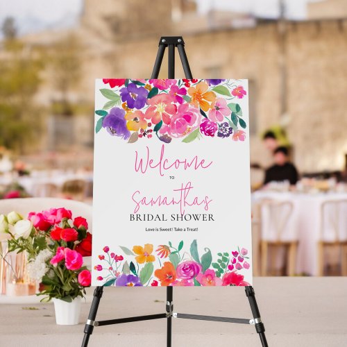 Bold pink floral watercolor bridal shower welcome foam board