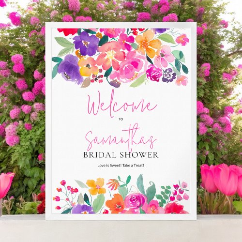 Bold pink floral watercolor bridal shower welcome poster