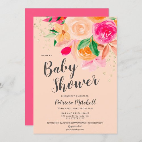 Bold pink floral watercolor glitter baby shower invitation