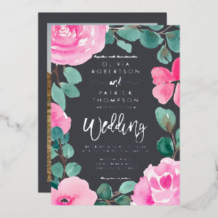 Bold pink floral watercolor photo wedding silver foil invitation