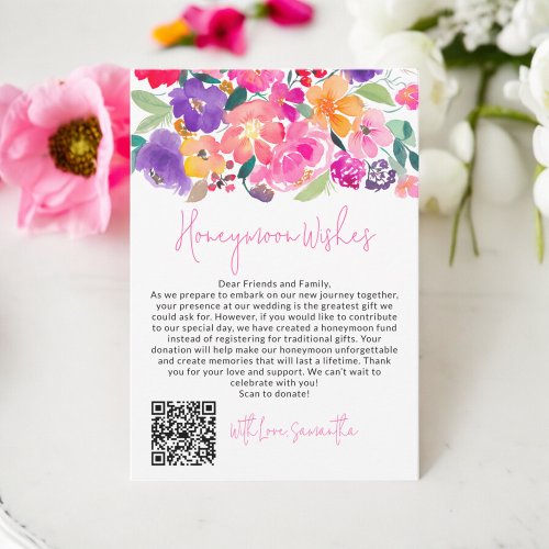 Bold pink floral watercolor Qr honeymoon wishes Enclosure Card