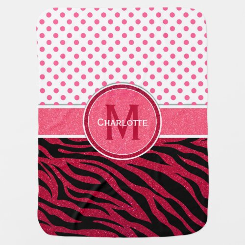 Bold Pink Glitter Zebra Stripes and Polka Dots Baby Blanket