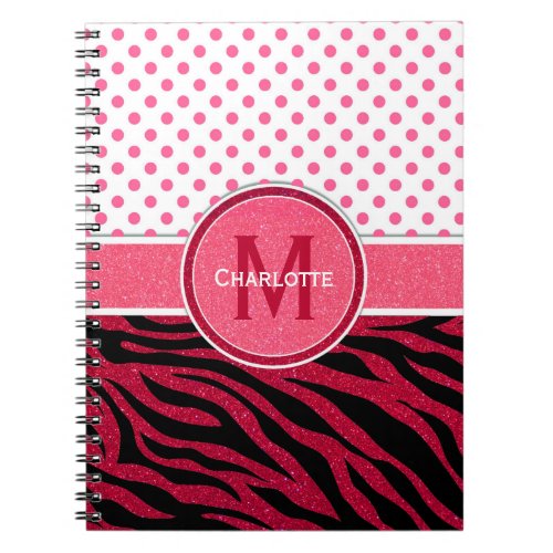 Bold Pink Glitter Zebra Stripes and Polka Dots Notebook