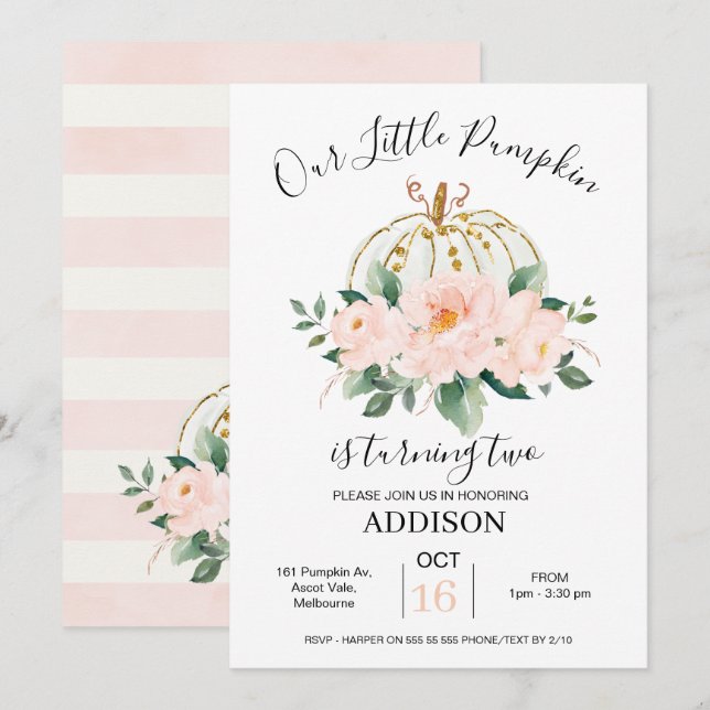 Bold Pink Gold Floral Pumpkin Birthday Invitation (Front/Back)