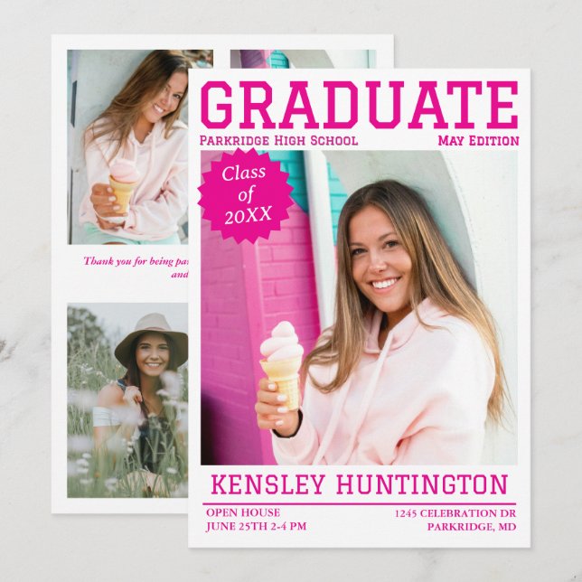 Bold Pink Graduation Magazine Style Party Invitation (Front/Back)