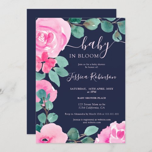 Bold pink green floral watercolor baby shower invitation
