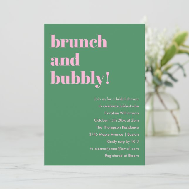 Bold Pink Green Modern Brunch Bubbly Bridal Shower Invitation (Standing Front)