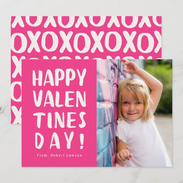 Bold Pink Happy Valentines Day Photo Card (Front/Back)