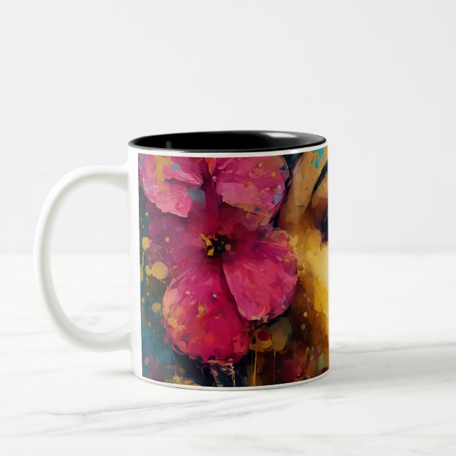 Bold Pink Hibiscus and Woman Abstract Portrait  Two-Tone Coffee Mug (Left)