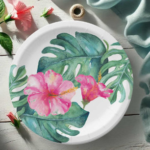 Bold Pink Hibiscus Tropical Watercolor Floral Paper Plates