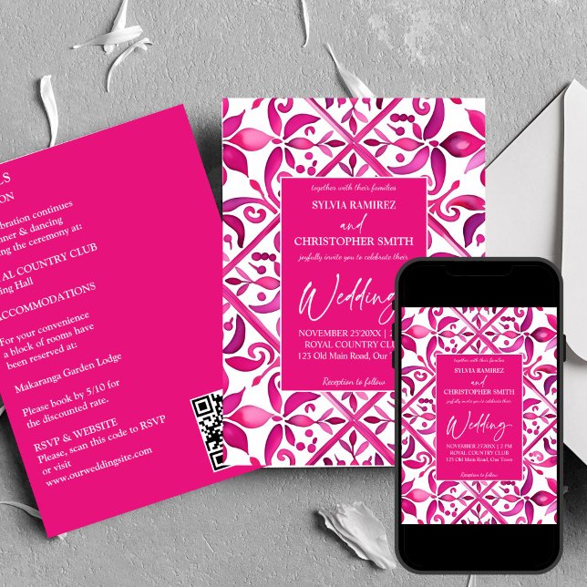 Bold pink magenta Spanish tiles all in one wedding Invitation (Hot pink magenta Spanish Talavera tiles all in one wedding Invitation template digital download)