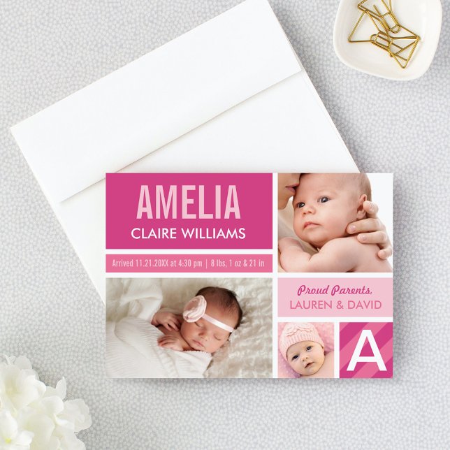 Bold Pink Modern Color Block Baby Girl Birth Announcement (Creator Uploaded)