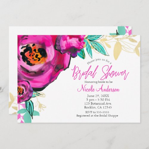 Bold Pink Modern Floral Watercolor Bridal Shower Invitation