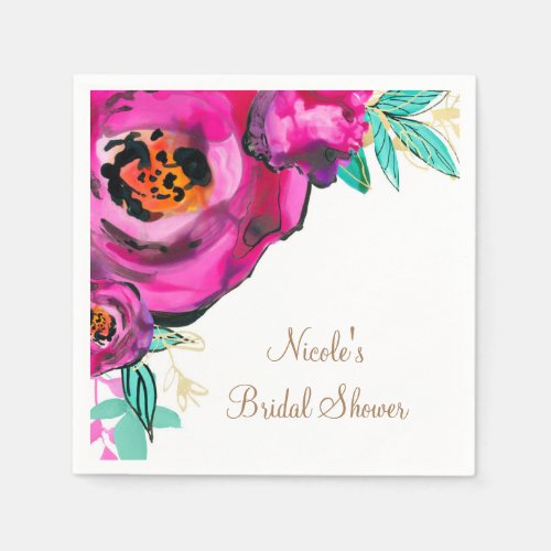 Bold Pink Modern Floral Watercolor Bridal Shower Paper Napkins