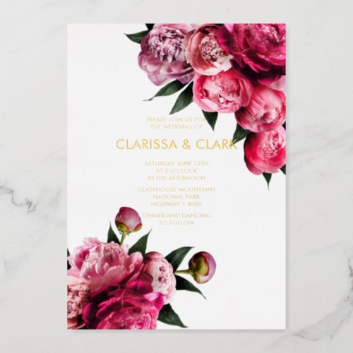 Bold Pink Modern Peony Flower Chic Wedding Foil Invitation