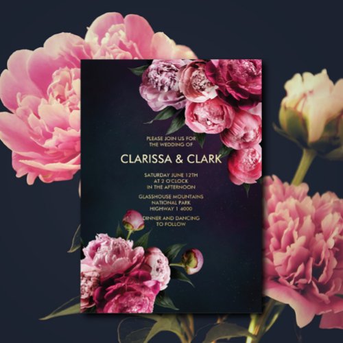 Bold Pink Modern Peony Flower Chic Wedding Foil Invitation