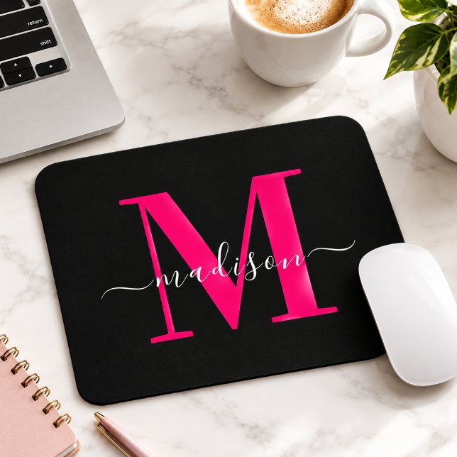 Bold Pink Monogram Initial Typography Black Girly  Mouse Pad (Creator Uploaded)