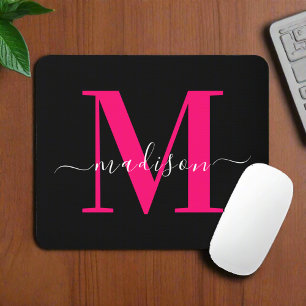 Bold Pink Monogram Initial Typography Black Girly Mouse Pad
