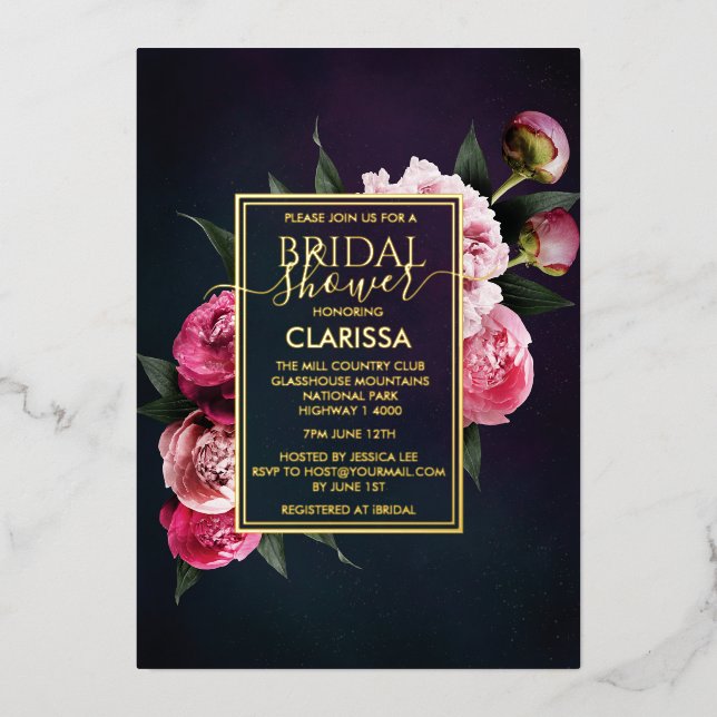 Bold Pink Moody Peony Flower Chic Bridal Shower Foil Invitation (Front)