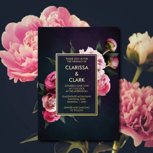 Bold Pink Moody Peony Flower Chic Wedding Foil Invitation