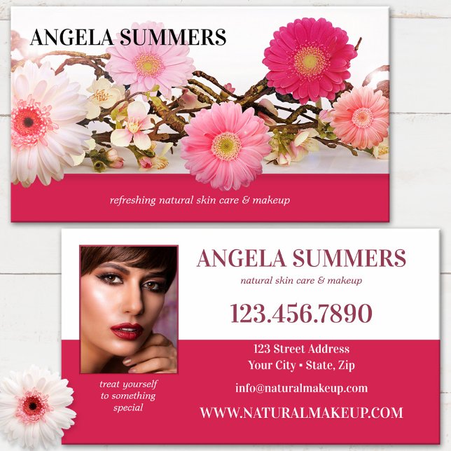 Bold Pink Natural Beauty Makeup Artist Business Card (Elegant beauty floral business card with custom photo in vibrant fuchsia with white - makeup artist)