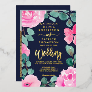 Bold pink navy floral watercolor photo wedding foil invitation