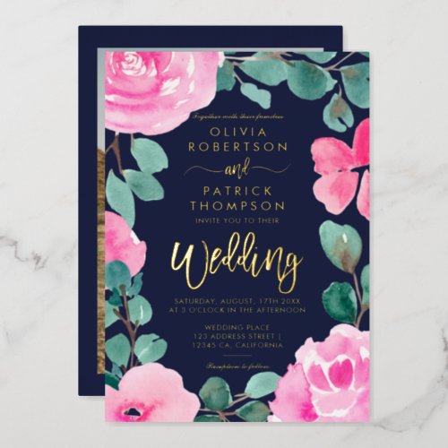 Bold pink navy floral watercolor photo wedding foil invitation