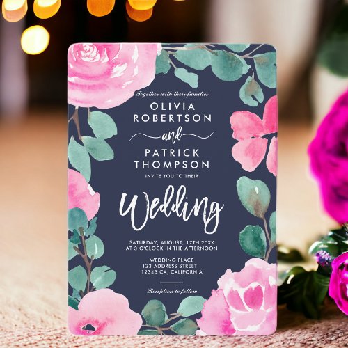 Bold pink navy floral watercolor photo wedding invitation
