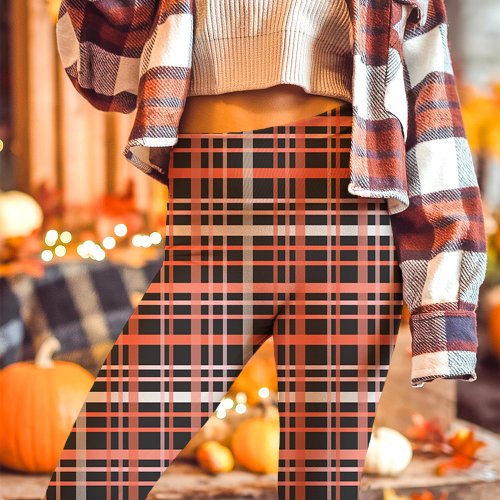 Bold Pink, Orange, And Black Fall Plaid Leggings