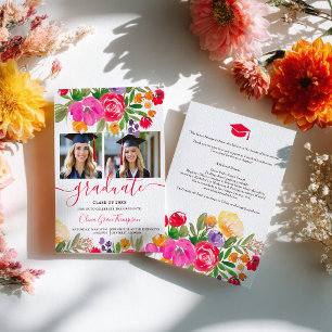 Bold Pink Orange Boho Floral 2-Photo Graduation Invitation