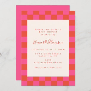 Bold Pink Orange Checkerboard Pattern Baby Shower Invitation