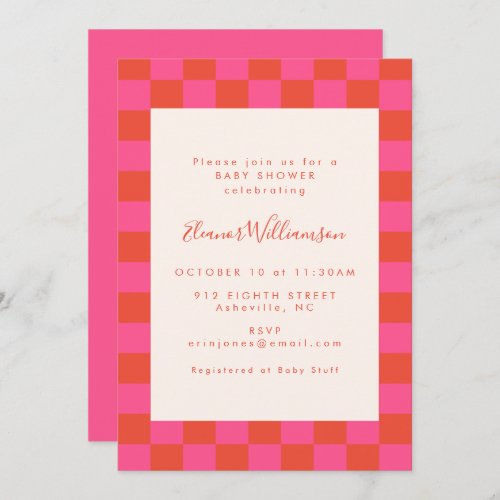 Bold Pink Orange Checkerboard Pattern Baby Shower Invitation