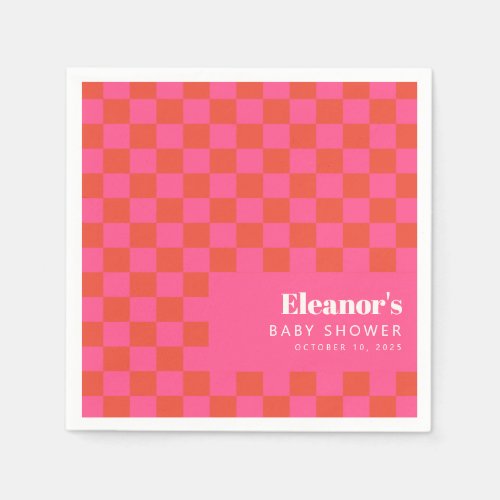 Bold Pink Orange Checkerboard Pattern Baby Shower Napkins