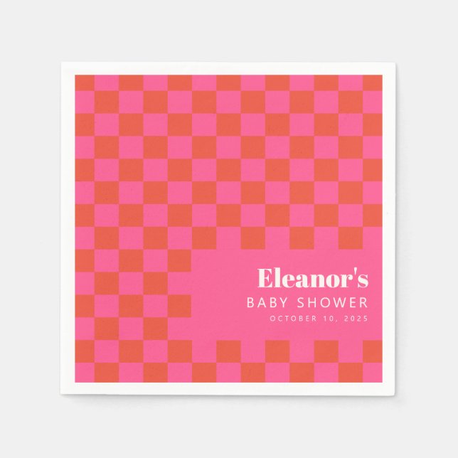 Bold Pink Orange Checkerboard Pattern Baby Shower Napkins (Front)