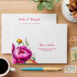Bold pink orange peonies wedding return address envelope<br><div class="desc">Pink magenta orange peonies wedding template return address envelope,  vibrant bold colors spring summer colors modern casual typography matching wedding envelope</div>