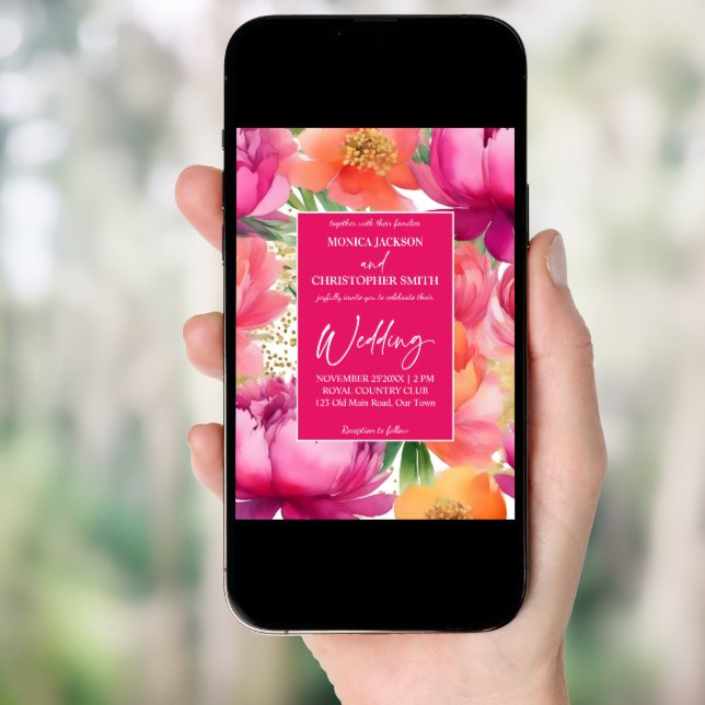 Bold pink orange peony elegant all in one wedding invitation (Front Digital)