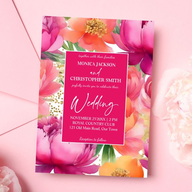 Bold pink orange peony elegant all in one wedding invitation (Bold pink orange peony elegant all in one wedding editable template invitation digital download)