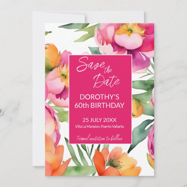 Bold pink orange summer flowers birthday party save the date (Front)