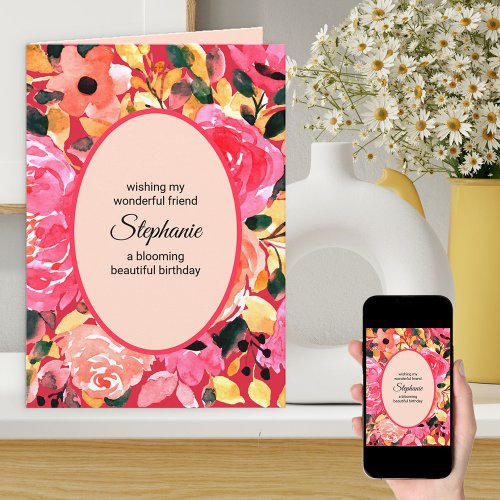 Bold Pink Personalized Floral Watercolor Birthday Card