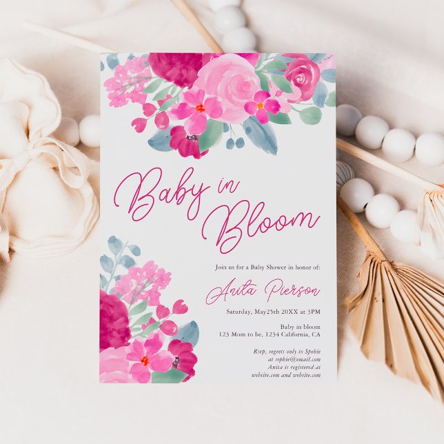 Bold pink plum floral watercolor baby shower invitation (Creator Uploaded)
